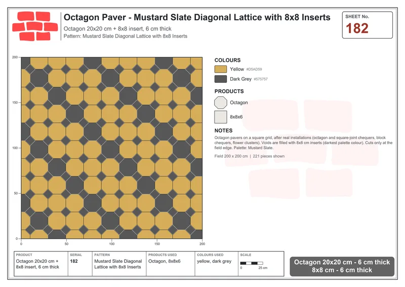 Interlock (Pasco) 20x20 cm · OCT-182 · Mustard Slate Diagonal Lattice with 8x8 Inserts · Laying plan