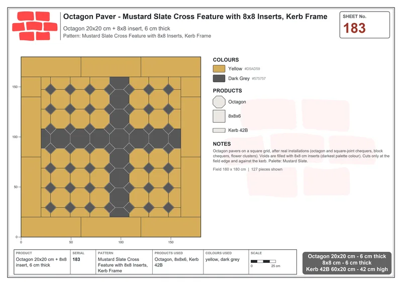 Interlock (Pasco) 20x20 cm · OCT-183 · Mustard Slate Cross Feature with 8x8 Inserts, Kerb Frame · Laying plan