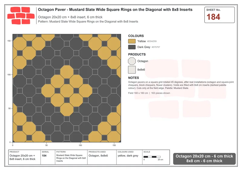 Interlock (Pasco) 20x20 cm · OCT-184 · Mustard Slate Wide Square Rings on the Diagonal with 8x8 Inserts · Laying plan