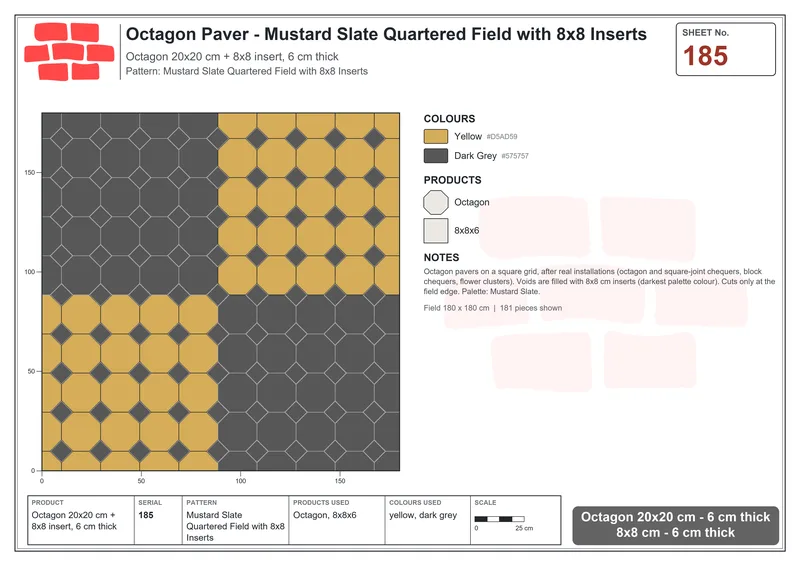 Interlock (Pasco) 20x20 cm · OCT-185 · Mustard Slate Quartered Field with 8x8 Inserts · Laying plan
