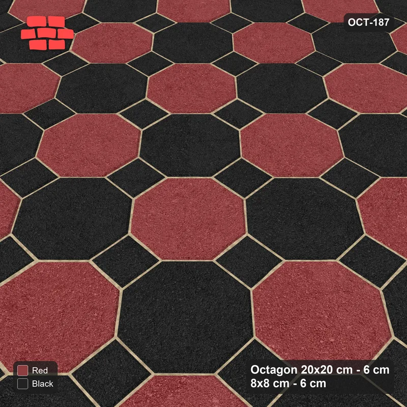 Interlock (Pasco) 20x20 cm · OCT-187 · Red & Black Octagon Chequerboard on the Diagonal with 8x8 Inserts · Side view Interlock (Pasco) 20x20 cm · OCT-187 · Red & Black Octagon Chequerboard on the Diagonal with 8x8 Inserts · Side view