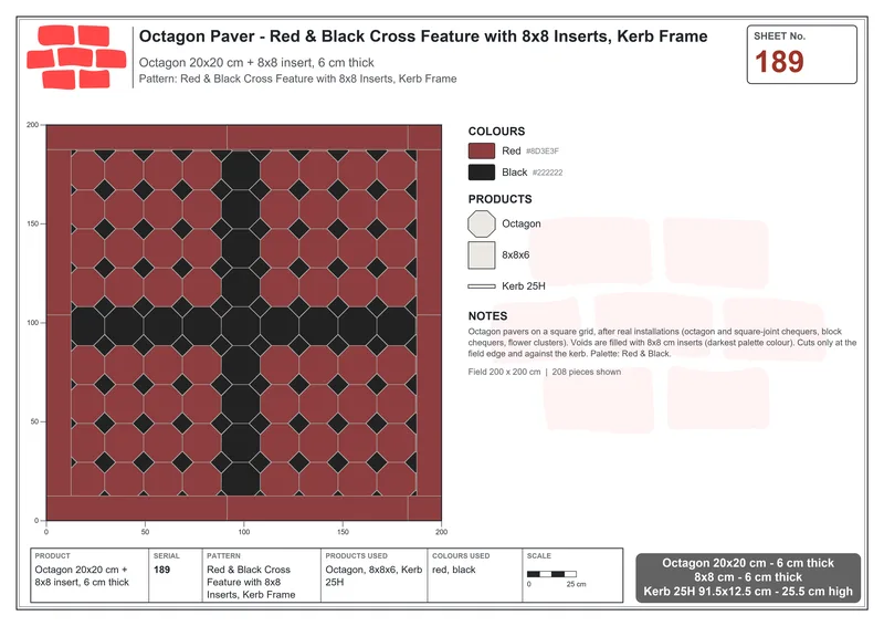 Interlock (Pasco) 20x20 cm · OCT-189 · Red & Black Cross Feature with 8x8 Inserts, Kerb Frame · Laying plan