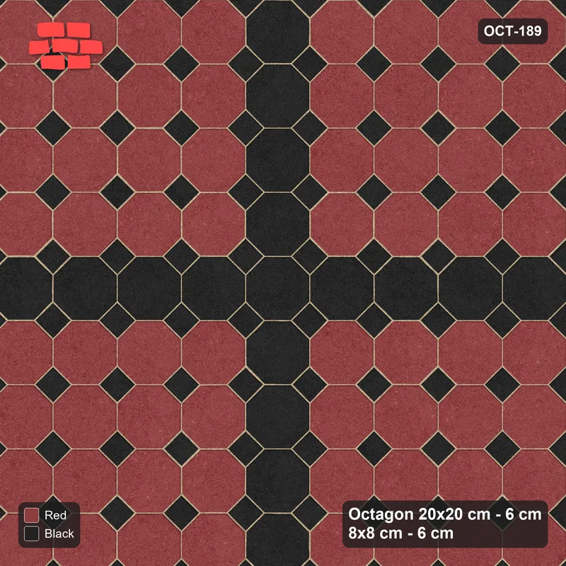 Interlock (Pasco) 20x20 cm · OCT-189 · Red & Black Cross Feature with 8x8 Inserts, Kerb Frame · Top view Interlock (Pasco) 20x20 cm · OCT-189 · Red & Black Cross Feature with 8x8 Inserts, Kerb Frame · Top view