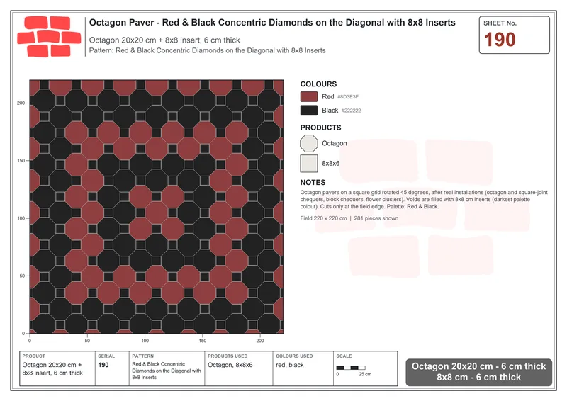 Interlock (Pasco) 20x20 cm · OCT-190 · Red & Black Concentric Diamonds on the Diagonal with 8x8 Inserts · Laying plan