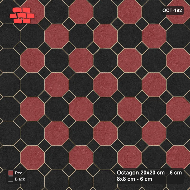 Interlock (Pasco) 20x20 cm · OCT-192 · Red & Black Chequer with Border Ring with 8x8 Inserts, Kerb Frame · Top view Interlock (Pasco) 20x20 cm · OCT-192 · Red & Black Chequer with Border Ring with 8x8 Inserts, Kerb Frame · Top view