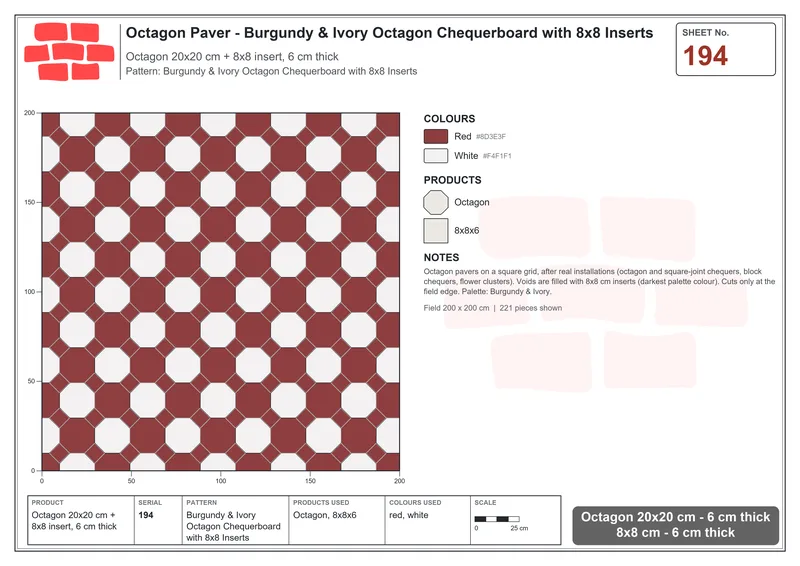 Interlock (Pasco) 20x20 cm · OCT-194 · Burgundy & Ivory Octagon Chequerboard with 8x8 Inserts · Laying plan
