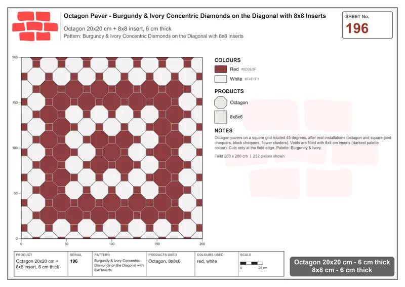 Interlock (Pasco) 20x20 cm · OCT-196 · Burgundy & Ivory Concentric Diamonds on the Diagonal with 8x8 Inserts · Laying plan