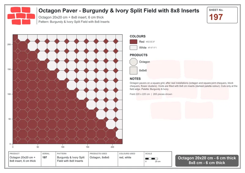 Interlock (Pasco) 20x20 cm · OCT-197 · Burgundy & Ivory Split Field with 8x8 Inserts · Laying plan
