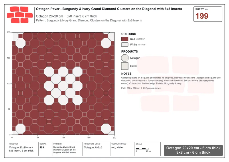 Interlock (Pasco) 20x20 cm · OCT-199 · Burgundy & Ivory Grand Diamond Clusters on the Diagonal with 8x8 Inserts · Laying plan