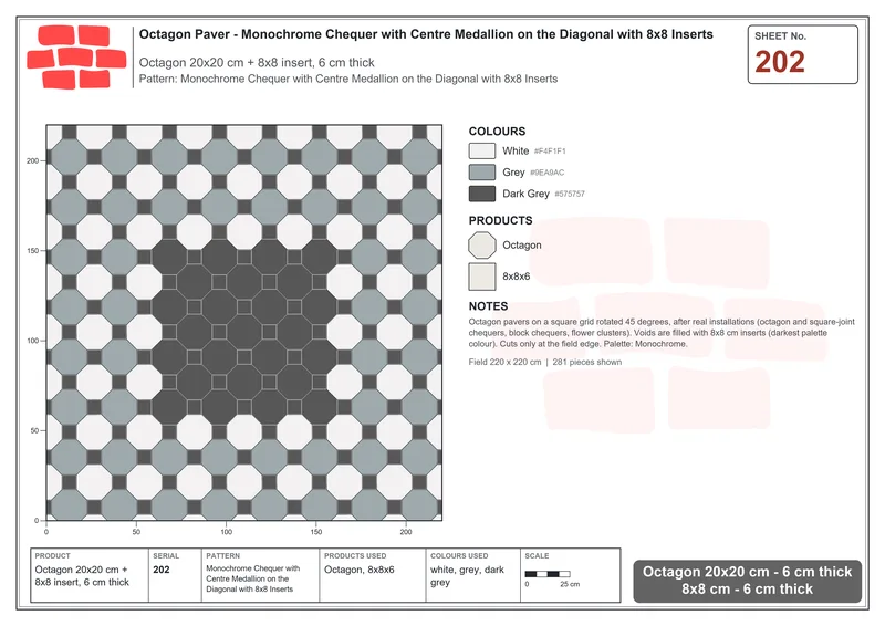 Interlock (Pasco) 20x20 cm · OCT-202 · Monochrome Chequer with Centre Medallion on the Diagonal with 8x8 Inserts · Laying plan