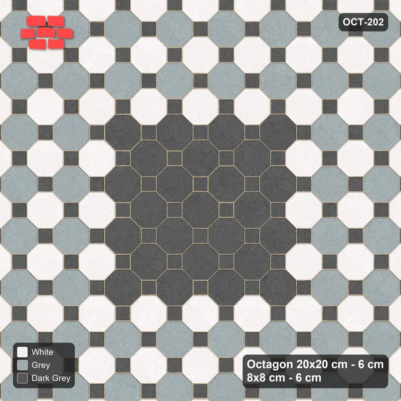 Interlock (Pasco) 20x20 cm · OCT-202 · Monochrome Chequer with Centre Medallion on the Diagonal with 8x8 Inserts · Top view Interlock (Pasco) 20x20 cm · OCT-202 · Monochrome Chequer with Centre Medallion on the Diagonal with 8x8 Inserts · Top view