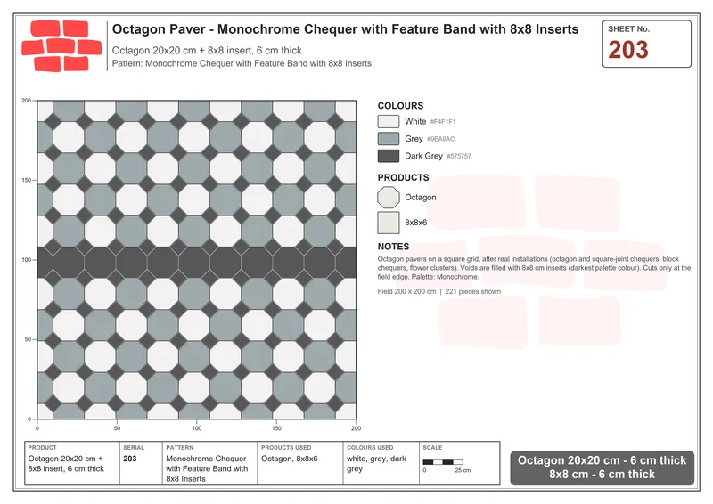 Interlock (Pasco) 20x20 cm · OCT-203 · Monochrome Chequer with Feature Band with 8x8 Inserts · Laying plan