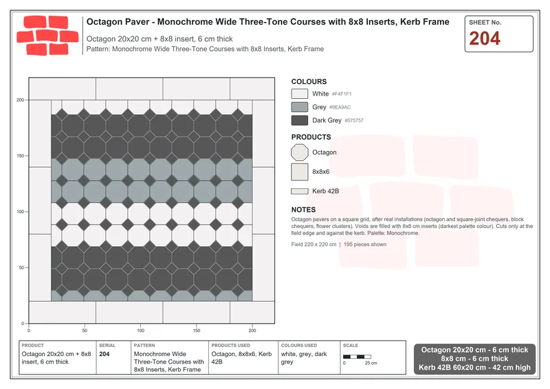 Interlock (Pasco) 20x20 cm · OCT-204 · Monochrome Wide Three-Tone Courses with 8x8 Inserts, Kerb Frame · Laying plan