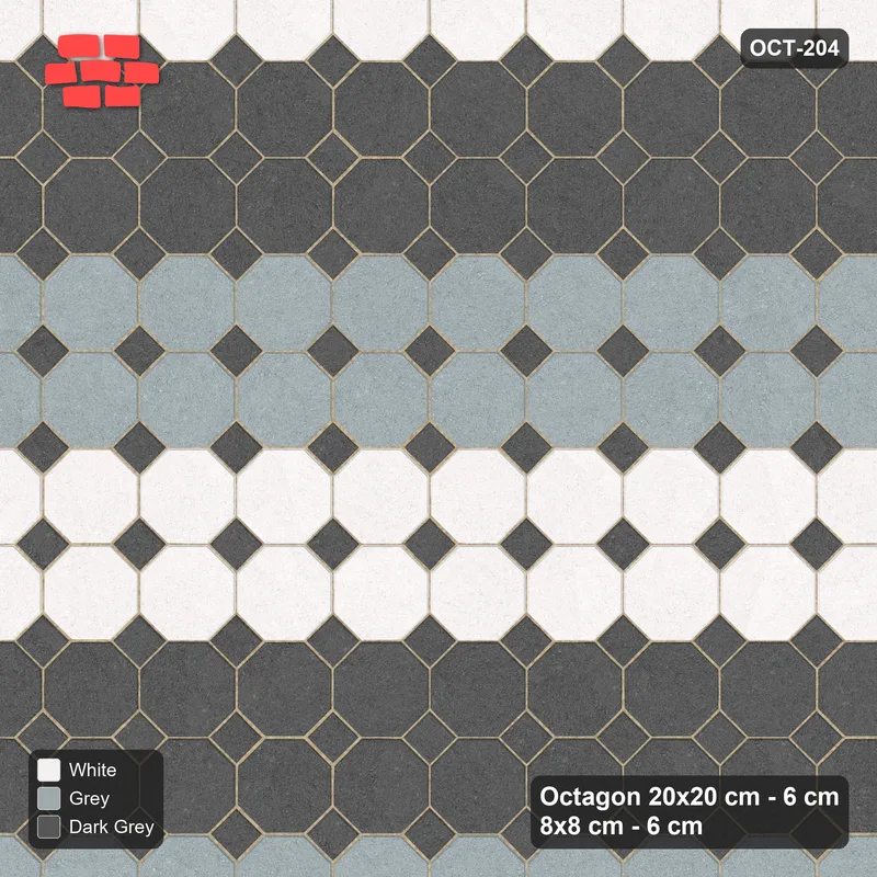 Interlock (Pasco) 20x20 cm · OCT-204 · Monochrome Wide Three-Tone Courses with 8x8 Inserts, Kerb Frame · Top view Interlock (Pasco) 20x20 cm · OCT-204 · Monochrome Wide Three-Tone Courses with 8x8 Inserts, Kerb Frame · Top view