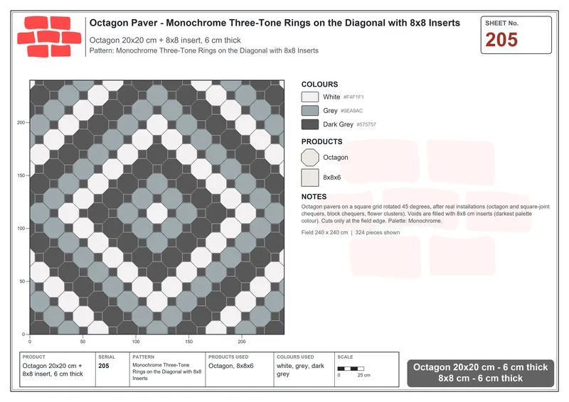 Interlock (Pasco) 20x20 cm · OCT-205 · Monochrome Three-Tone Rings on the Diagonal with 8x8 Inserts · Laying plan
