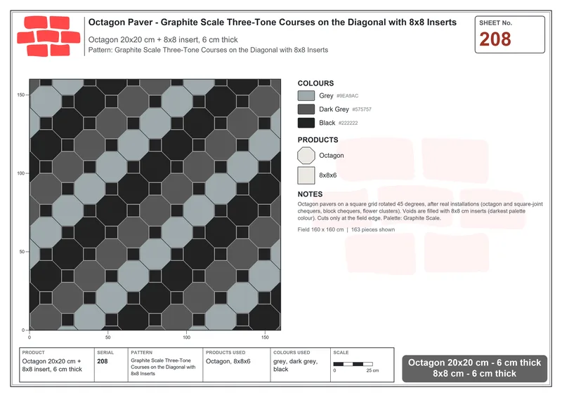 Interlock (Pasco) 20x20 cm · OCT-208 · Graphite Scale Three-Tone Courses on the Diagonal with 8x8 Inserts · Laying plan