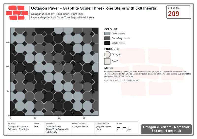 Interlock (Pasco) 20x20 cm · OCT-209 · Graphite Scale Three-Tone Steps with 8x8 Inserts · Laying plan