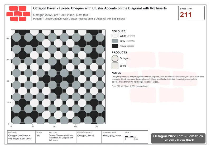 Interlock (Pasco) 20x20 cm · OCT-211 · Tuxedo Chequer with Cluster Accents on the Diagonal with 8x8 Inserts · Laying plan