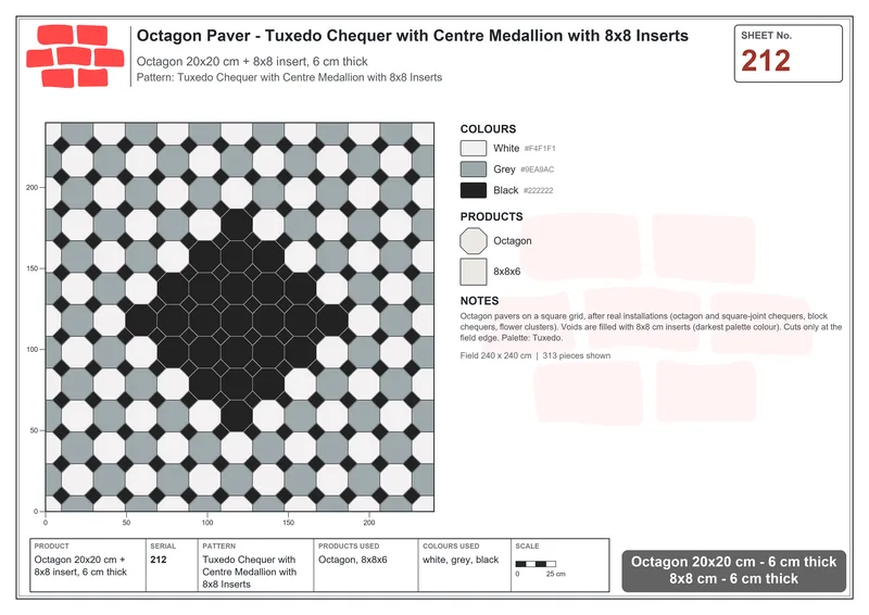 Interlock (Pasco) 20x20 cm · OCT-212 · Tuxedo Chequer with Centre Medallion with 8x8 Inserts · Laying plan