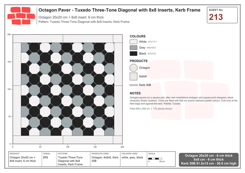 Interlock (Pasco) 20x20 cm · OCT-213 · Tuxedo Three-Tone Diagonal with 8x8 Inserts, Kerb Frame · Laying plan
