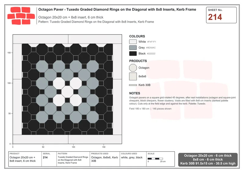 Interlock (Pasco) 20x20 cm · OCT-214 · Tuxedo Graded Diamond Rings on the Diagonal with 8x8 Inserts, Kerb Frame · Laying plan