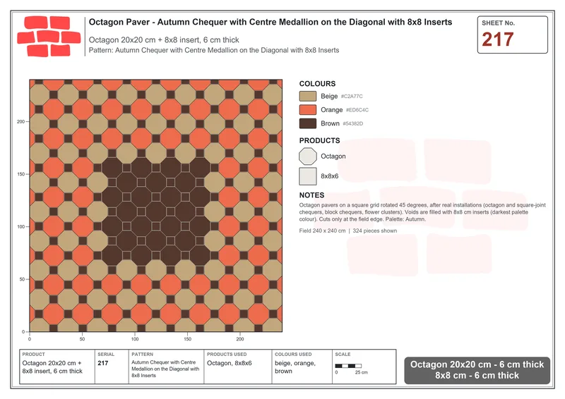 Interlock (Pasco) 20x20 cm · OCT-217 · Autumn Chequer with Centre Medallion on the Diagonal with 8x8 Inserts · Laying plan