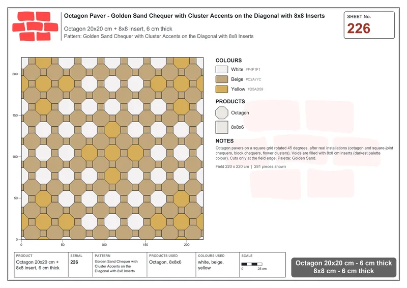 Interlock (Pasco) 20x20 cm · OCT-226 · Golden Sand Chequer with Cluster Accents on the Diagonal with 8x8 Inserts · Laying plan