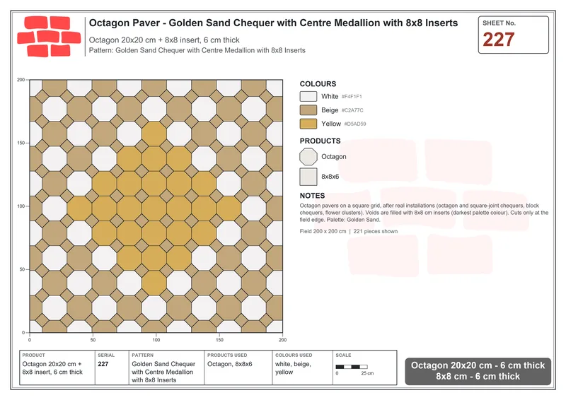 Interlock (Pasco) 20x20 cm · OCT-227 · Golden Sand Chequer with Centre Medallion with 8x8 Inserts · Laying plan