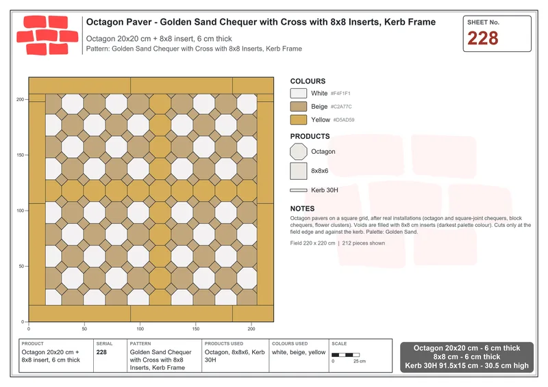 Interlock (Pasco) 20x20 cm · OCT-228 · Golden Sand Chequer with Cross with 8x8 Inserts, Kerb Frame · Laying plan
