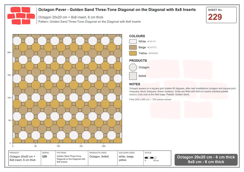 Interlock (Pasco) 20x20 cm · OCT-229 · Golden Sand Three-Tone Diagonal on the Diagonal with 8x8 Inserts · Laying plan
