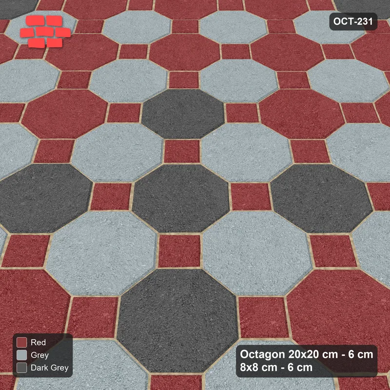 Interlock (Pasco) 20x20 cm · OCT-231 · Urban Brick Chequer with Cluster Accents with 8x8 Inserts, Kerb Frame · Side view Interlock (Pasco) 20x20 cm · OCT-231 · Urban Brick Chequer with Cluster Accents with 8x8 Inserts, Kerb Frame · Side view