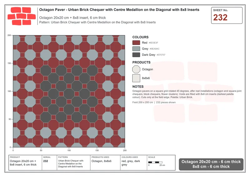 Interlock (Pasco) 20x20 cm · OCT-232 · Urban Brick Chequer with Centre Medallion on the Diagonal with 8x8 Inserts · Laying plan