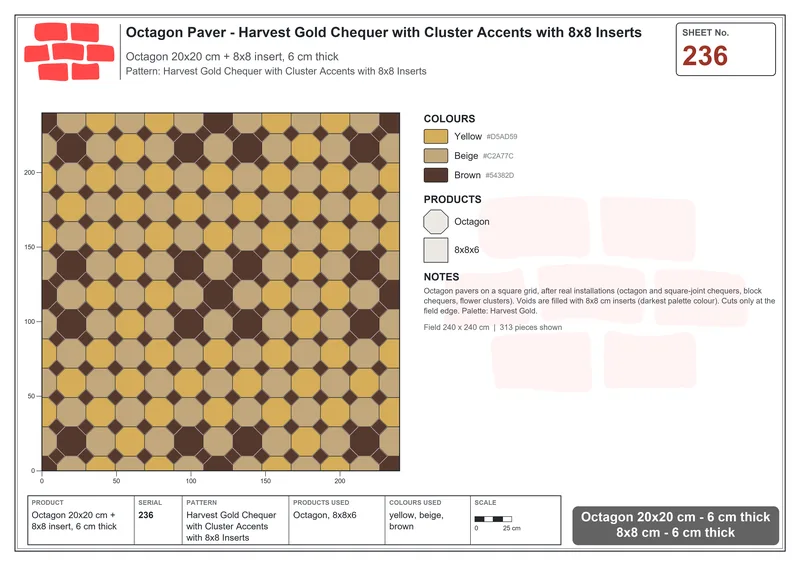 Interlock (Pasco) 20x20 cm · OCT-236 · Harvest Gold Chequer with Cluster Accents with 8x8 Inserts · Laying plan