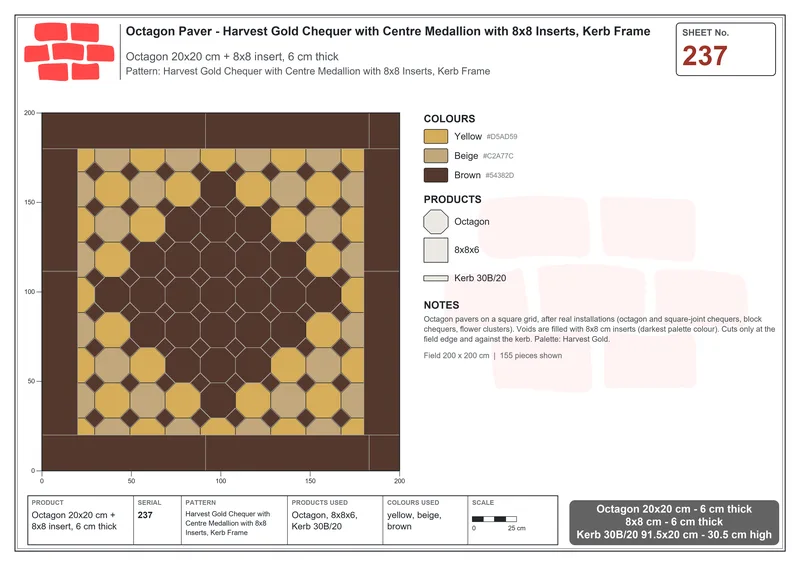 Interlock (Pasco) 20x20 cm · OCT-237 · Harvest Gold Chequer with Centre Medallion with 8x8 Inserts, Kerb Frame · Laying plan