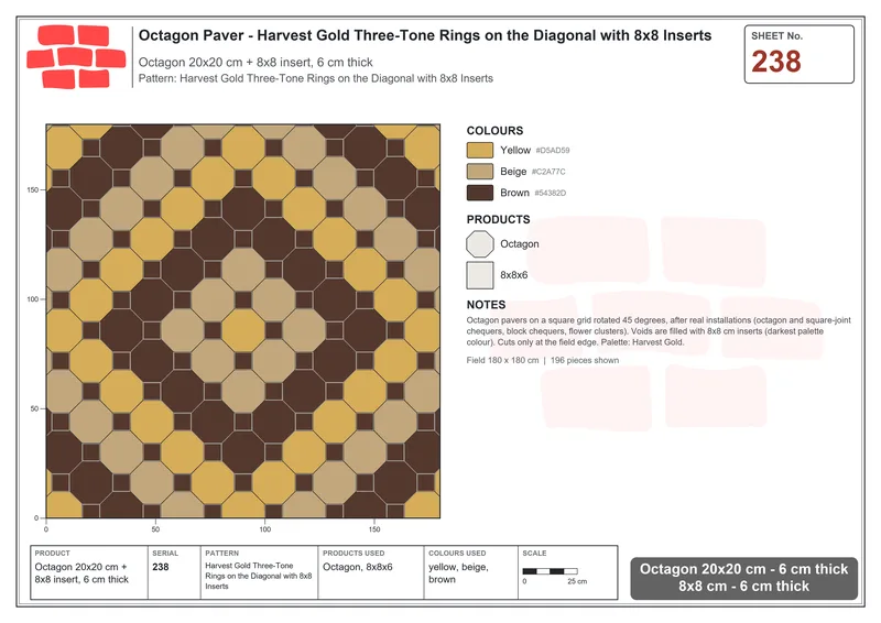 Interlock (Pasco) 20x20 cm · OCT-238 · Harvest Gold Three-Tone Rings on the Diagonal with 8x8 Inserts · Laying plan