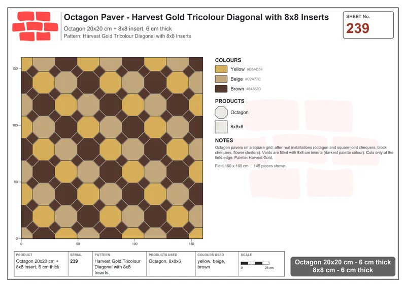 Interlock (Pasco) 20x20 cm · OCT-239 · Harvest Gold Tricolour Diagonal with 8x8 Inserts · Laying plan
