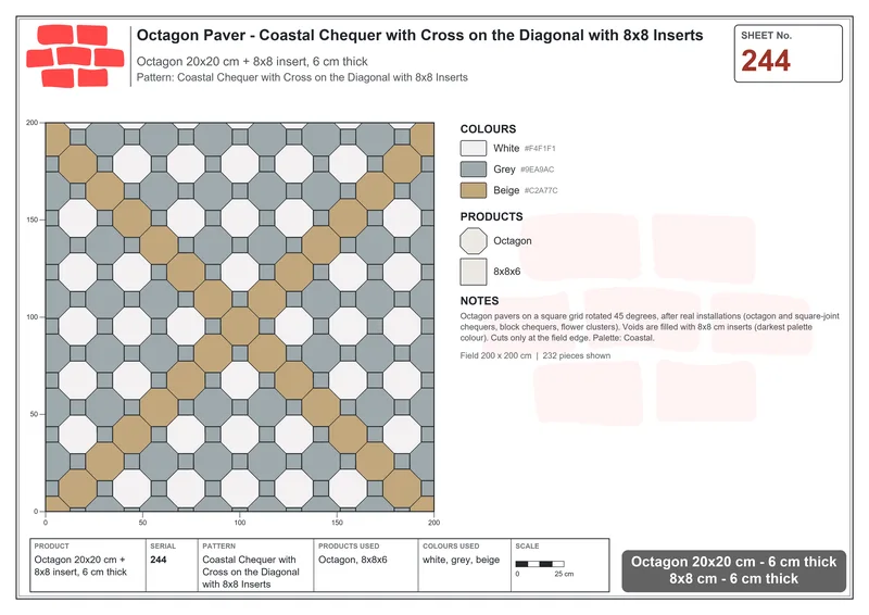 Interlock (Pasco) 20x20 cm · OCT-244 · Coastal Chequer with Cross on the Diagonal with 8x8 Inserts · Laying plan