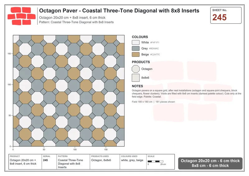 Interlock (Pasco) 20x20 cm · OCT-245 · Coastal Three-Tone Diagonal with 8x8 Inserts · Laying plan