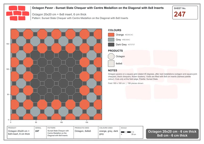 Interlock (Pasco) 20x20 cm · OCT-247 · Sunset Slate Chequer with Centre Medallion on the Diagonal with 8x8 Inserts · Laying plan