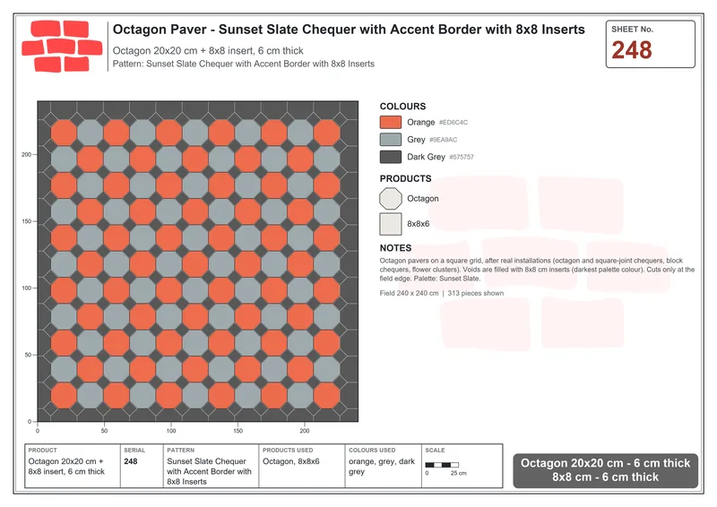 Interlock (Pasco) 20x20 cm · OCT-248 · Sunset Slate Chequer with Accent Border with 8x8 Inserts · Laying plan