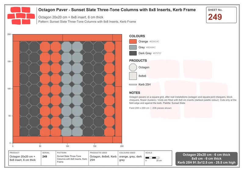 Interlock (Pasco) 20x20 cm · OCT-249 · Sunset Slate Three-Tone Columns with 8x8 Inserts, Kerb Frame · Laying plan
