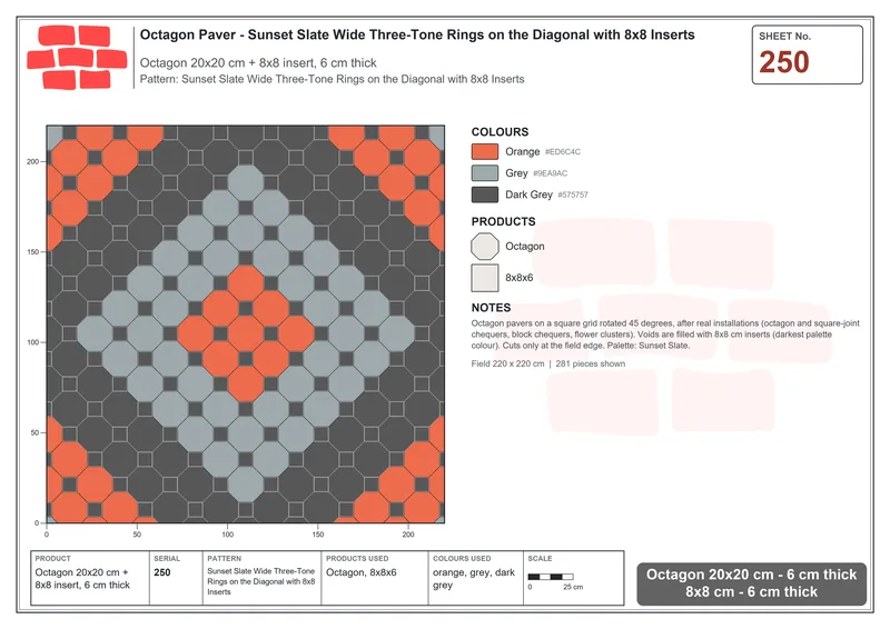 Interlock (Pasco) 20x20 cm · OCT-250 · Sunset Slate Wide Three-Tone Rings on the Diagonal with 8x8 Inserts · Laying plan