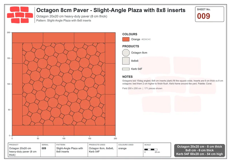 इंटरलॉक (पास्को) 20x20 सेमी · OCT8-009 · Slight-Angle Plaza के साथ 8x8 इन्सर्ट · बिछाने का नक्शा
