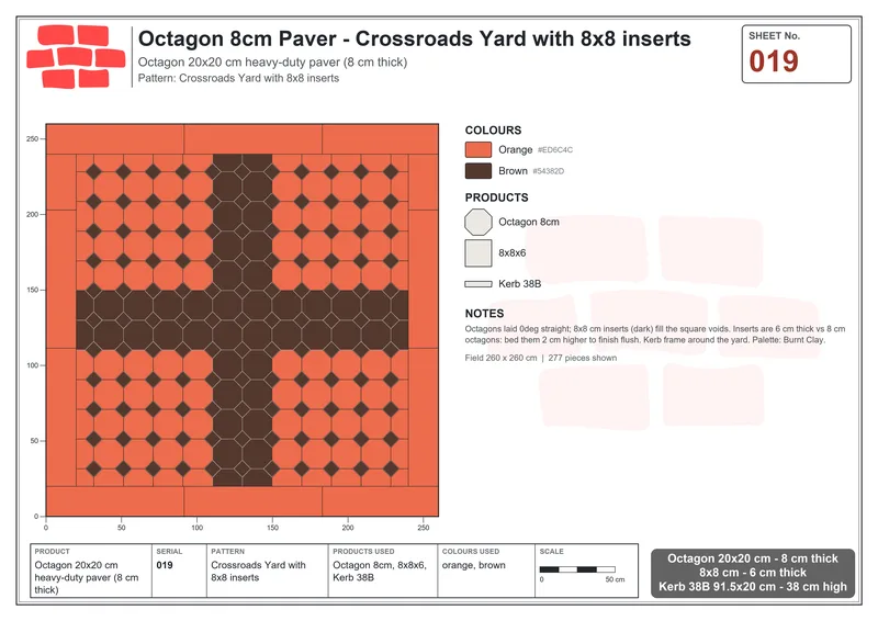 इंटरलॉक (पास्को) 20x20 सेमी · OCT8-019 · Crossroads Yard के साथ 8x8 इन्सर्ट · बिछाने का नक्शा