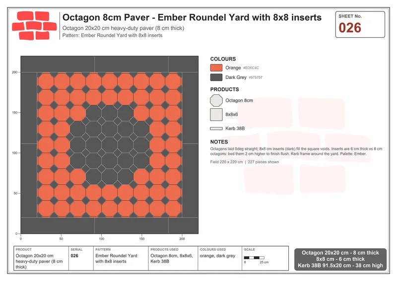 इंटरलॉक (पास्को) 20x20 सेमी · OCT8-026 · अंगारा Roundel Yard के साथ 8x8 इन्सर्ट · बिछाने का नक्शा