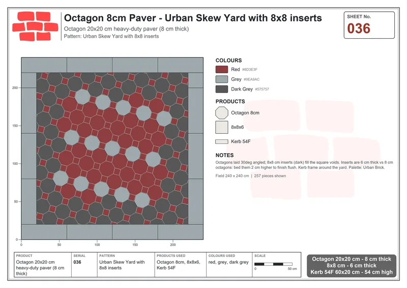 इंटरलॉक (पास्को) 20x20 सेमी · OCT8-036 · Urban Skew Yard के साथ 8x8 इन्सर्ट · बिछाने का नक्शा