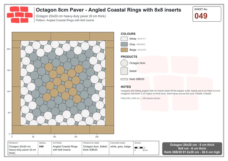 इंटरलॉक (पास्को) 20x20 सेमी · OCT8-049 · Angled तटीय रिंग के साथ 8x8 इन्सर्ट · बिछाने का नक्शा