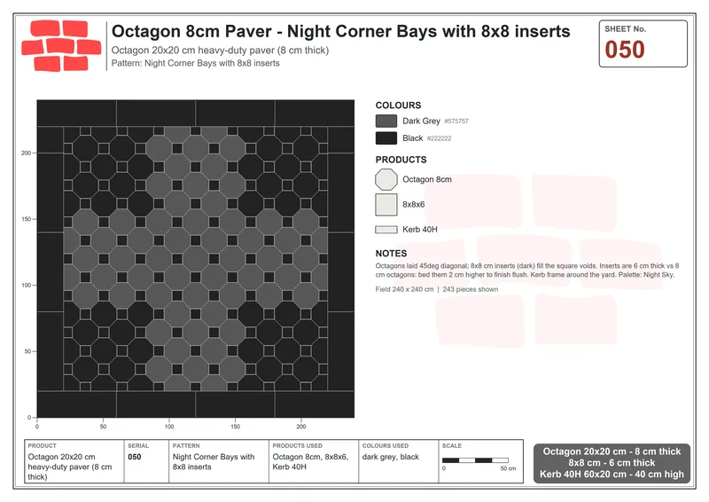 इंटरलॉक (पास्को) 20x20 सेमी · OCT8-050 · रात Corner Bays के साथ 8x8 इन्सर्ट · बिछाने का नक्शा