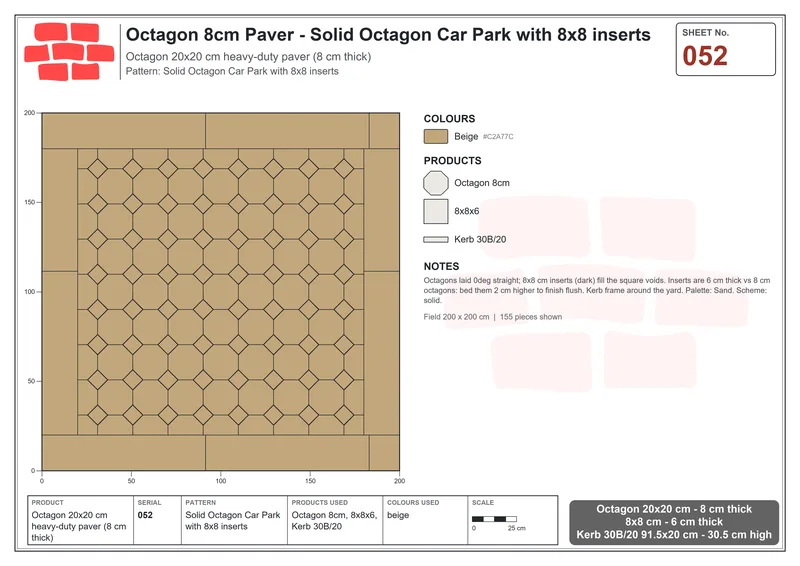 इंटरलॉक (पास्को) 20x20 सेमी · OCT8-052 · ठोस अष्टभुज Car Park के साथ 8x8 इन्सर्ट · बिछाने का नक्शा