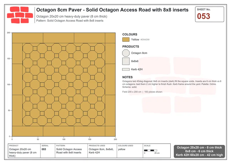 इंटरलॉक (पास्को) 20x20 सेमी · OCT8-053 · ठोस अष्टभुज Access Road के साथ 8x8 इन्सर्ट · बिछाने का नक्शा